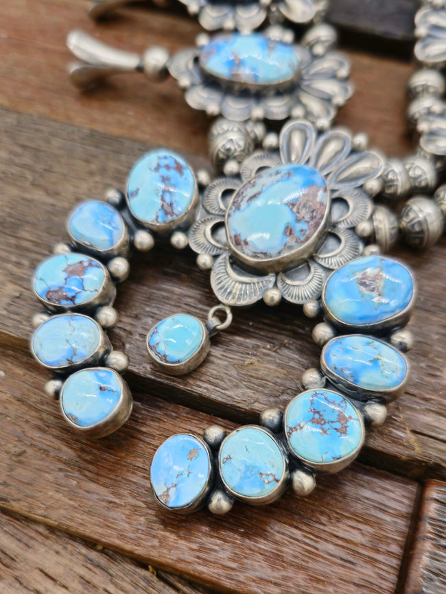 Golden Hill Turquoise Silver Squash Blossom Necklace by Mark Yazzie