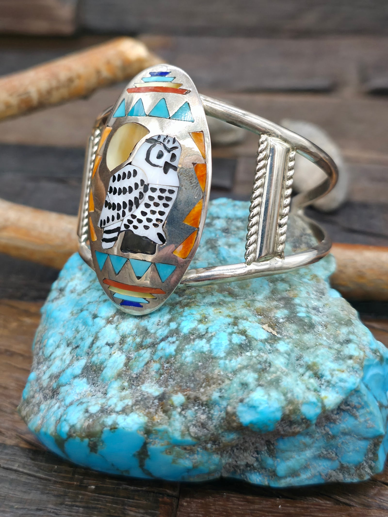 Sterling Silver Owl Inlay Cuff Bracelet with Turquoise, Spiny, and Mother of Pearl by Quinton Quam - 6 1/2 in. with Gap