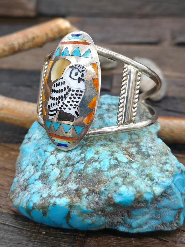 Sterling Silver Owl Inlay Cuff Bracelet with Turquoise, Spiny, and Mother of Pearl by Quinton Quam - 6 1/2 in. with Gap