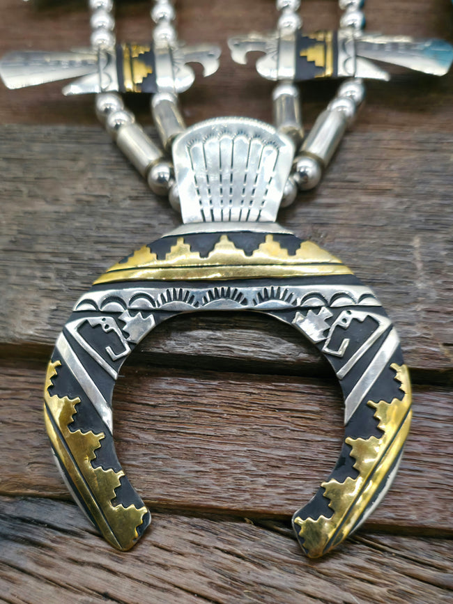 Sterling Silver and Brass Overlay Thunderbird Squash Blossom Necklace and Earring Set by Rose Singer - 28 in.