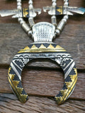 Sterling Silver and Brass Overlay Thunderbird Squash Blossom Necklace and Earring Set by Rose Singer - 28 in.