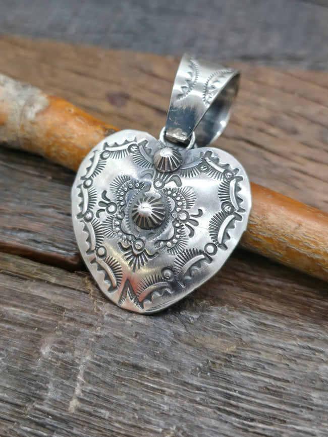 Stamped Sterling Silver Heart Pendant by Vincent Platero - 2 1/2 in. by 1 1/2 in.