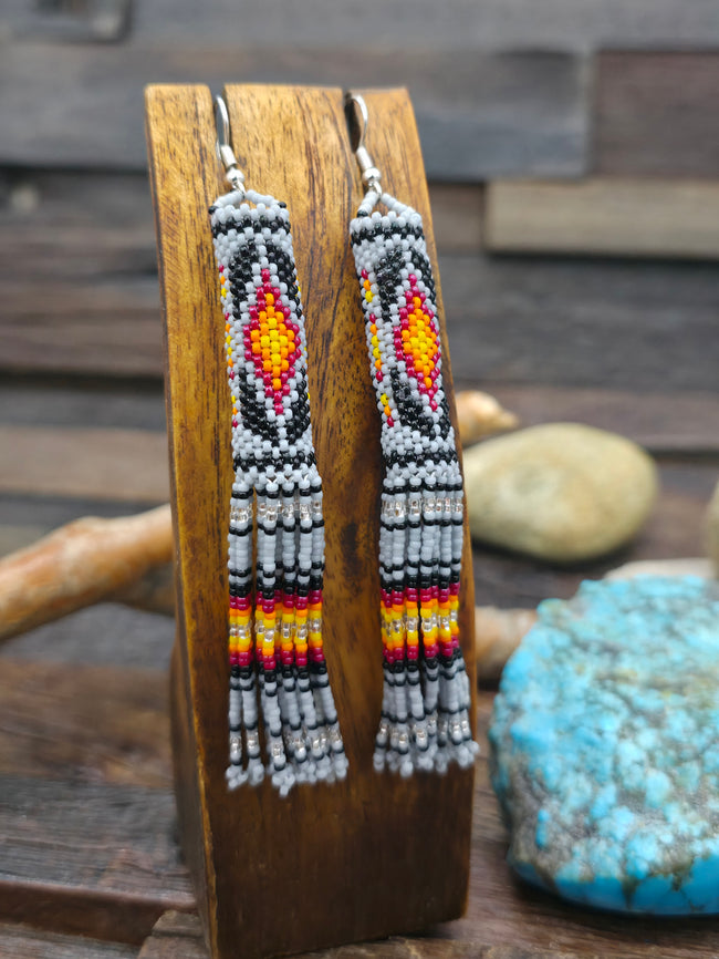 Beadwork Tassel Earrings by Margaret Lee - Grey - 4 in. by 1/2 in.