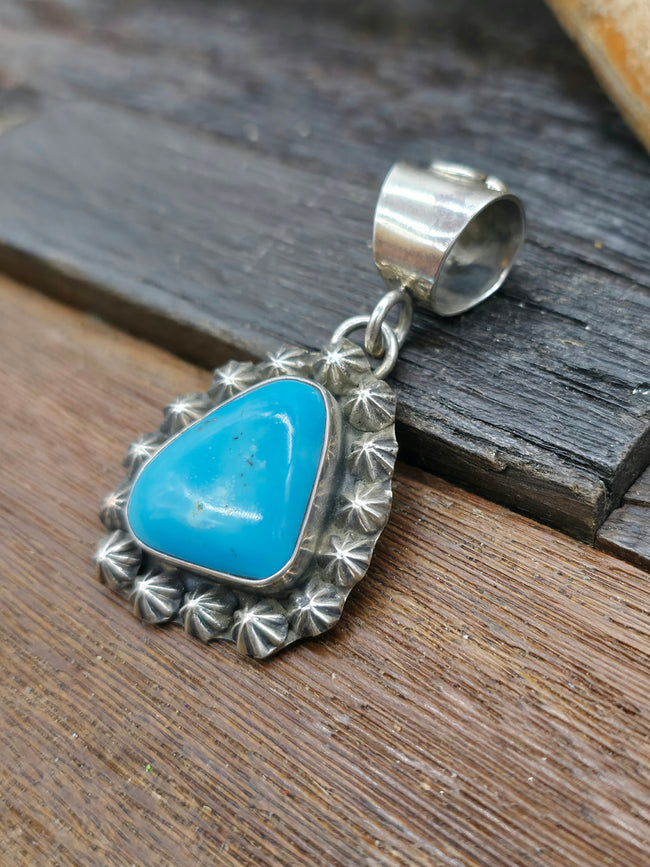 Stamped Sterling Silver and Campitos Turquoise Pendant by Jacob Troncosa