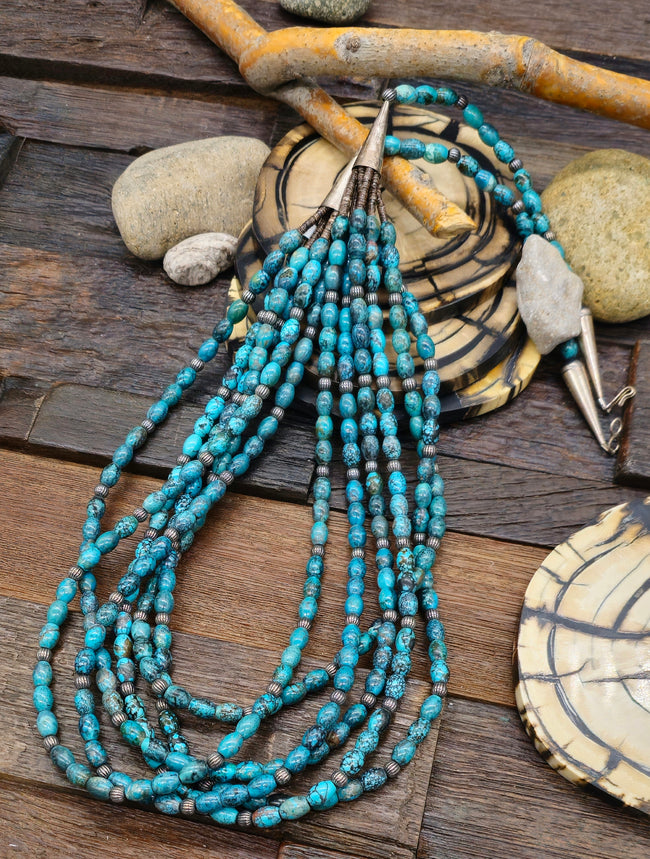 Six Strand Turquoise and Sterling Silver Bead Necklace - 32 in.
