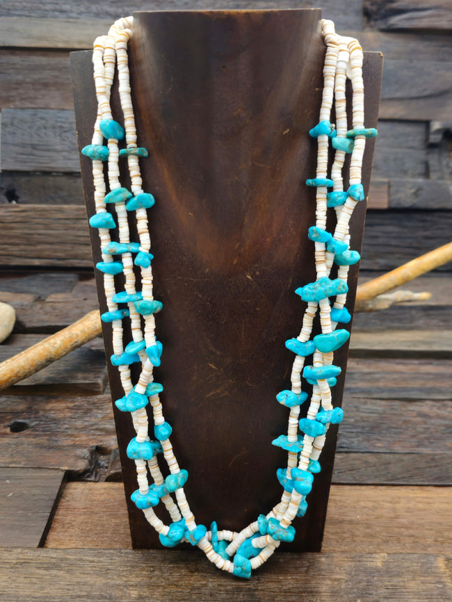 Vintage/Estate Three Strand Pale Heishi and Blue Turquoise Nugget Necklace - 24 in.