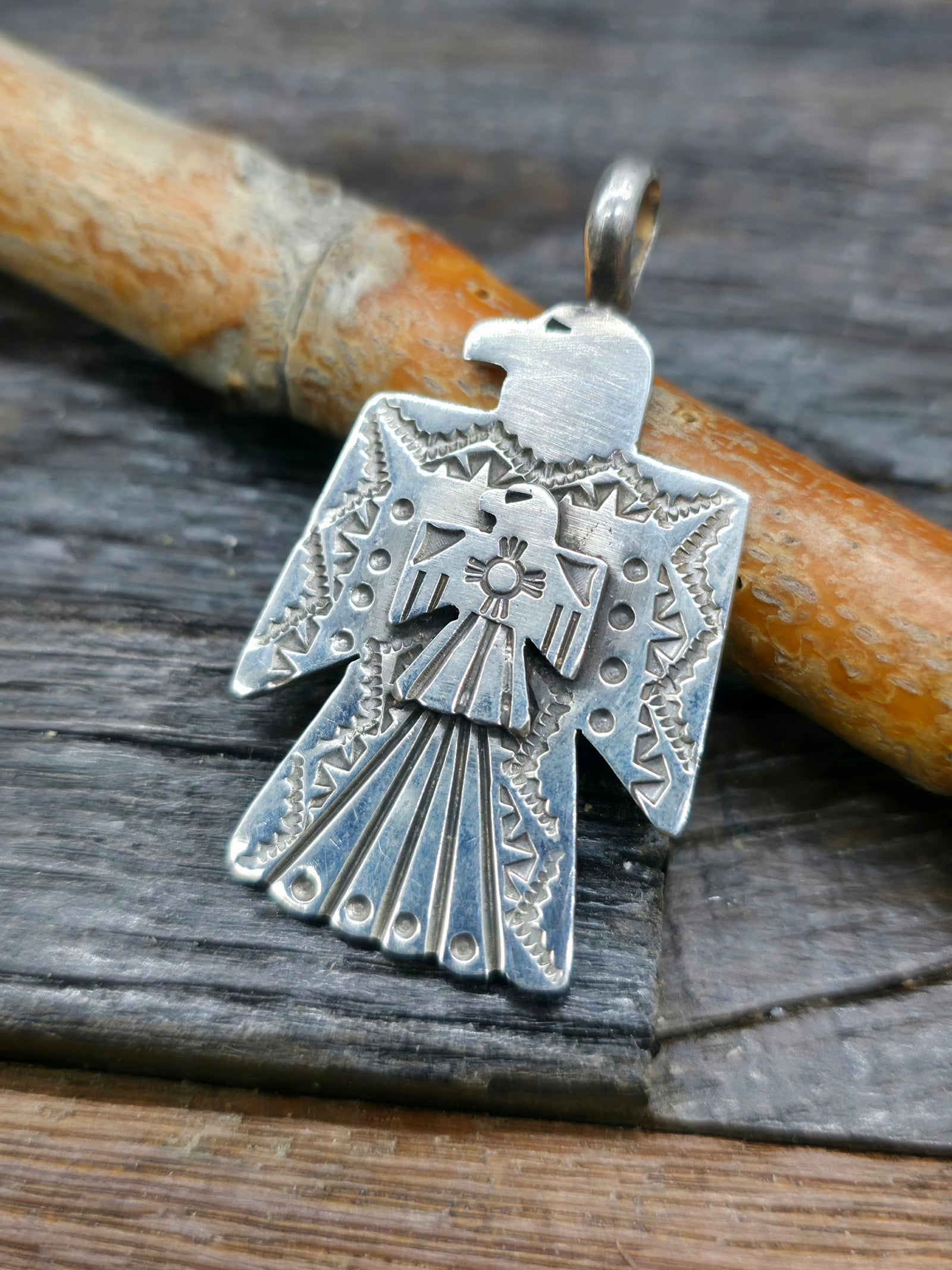 Stamped Sterling Silver Thunderbird Pendant by Bo Reeves
