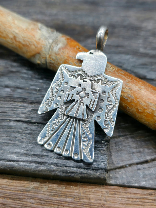 Stamped Sterling Silver Thunderbird Pendant by Bo Reeves
