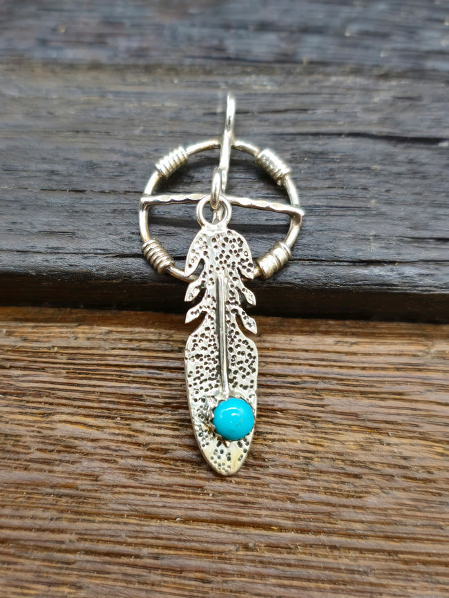 Sterling Silver and Turquoise Feathered Shield Pendant by Kenny Lonjose
