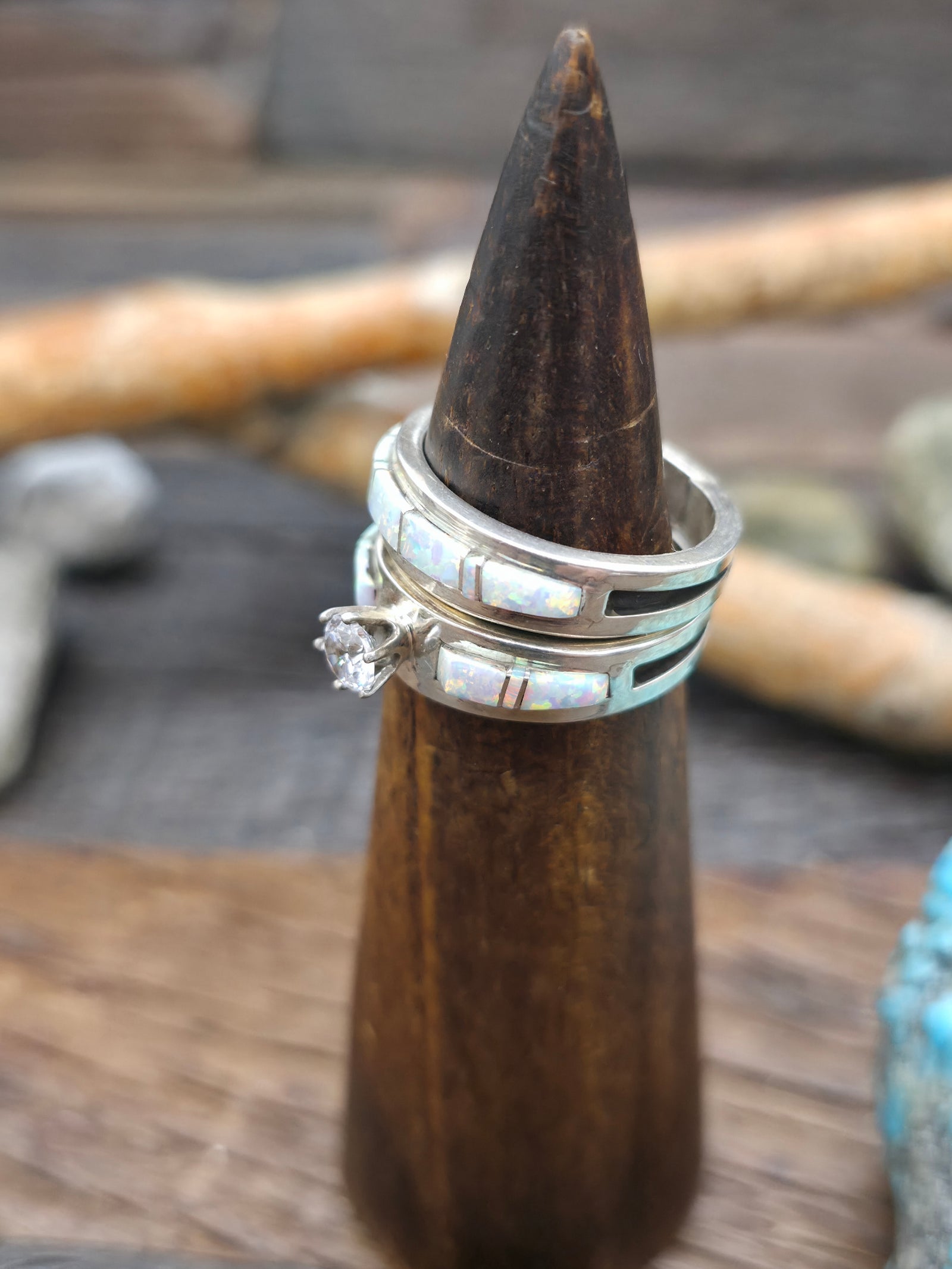 Sterling Silver White Lab Opal Inlay Wedding Band Set by Wilbert Muskett Jr