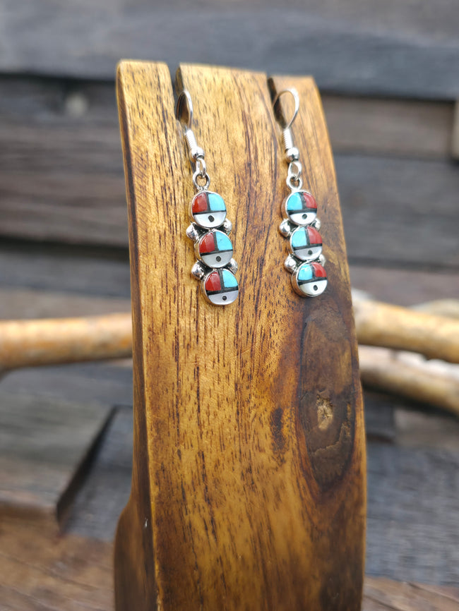 Sterling Silver Zuni Inlay Sun Face Earrings - 1 3/4 in. by 1/4 in.