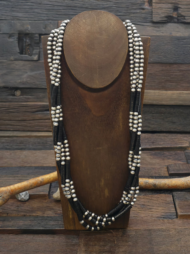 Four Strand Sterling Silver and Jet Heishi Necklace by Fred Archuleta - 27 in.