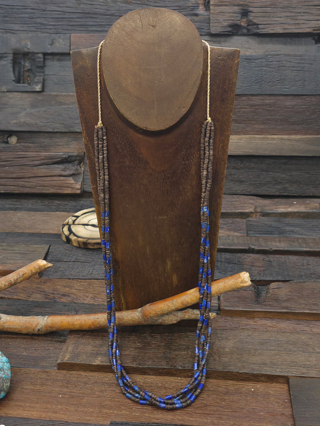 Four Strand Dark Heishi and Lapis Bead Necklace by Robert Coriz - 30 in.