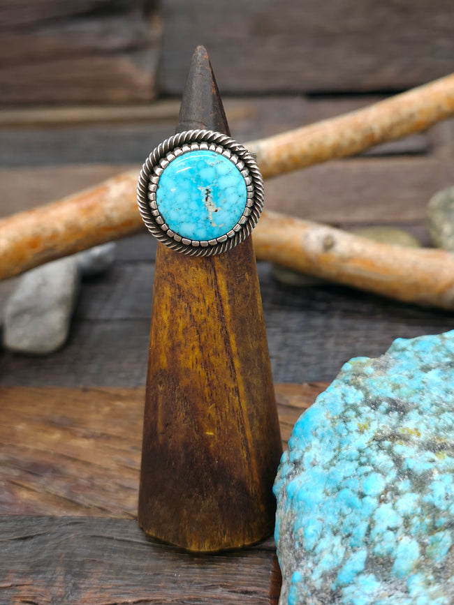 Sterling Silver and Round Kingman Turquoise Ring by Jacob Utzler - Size 7 3/4