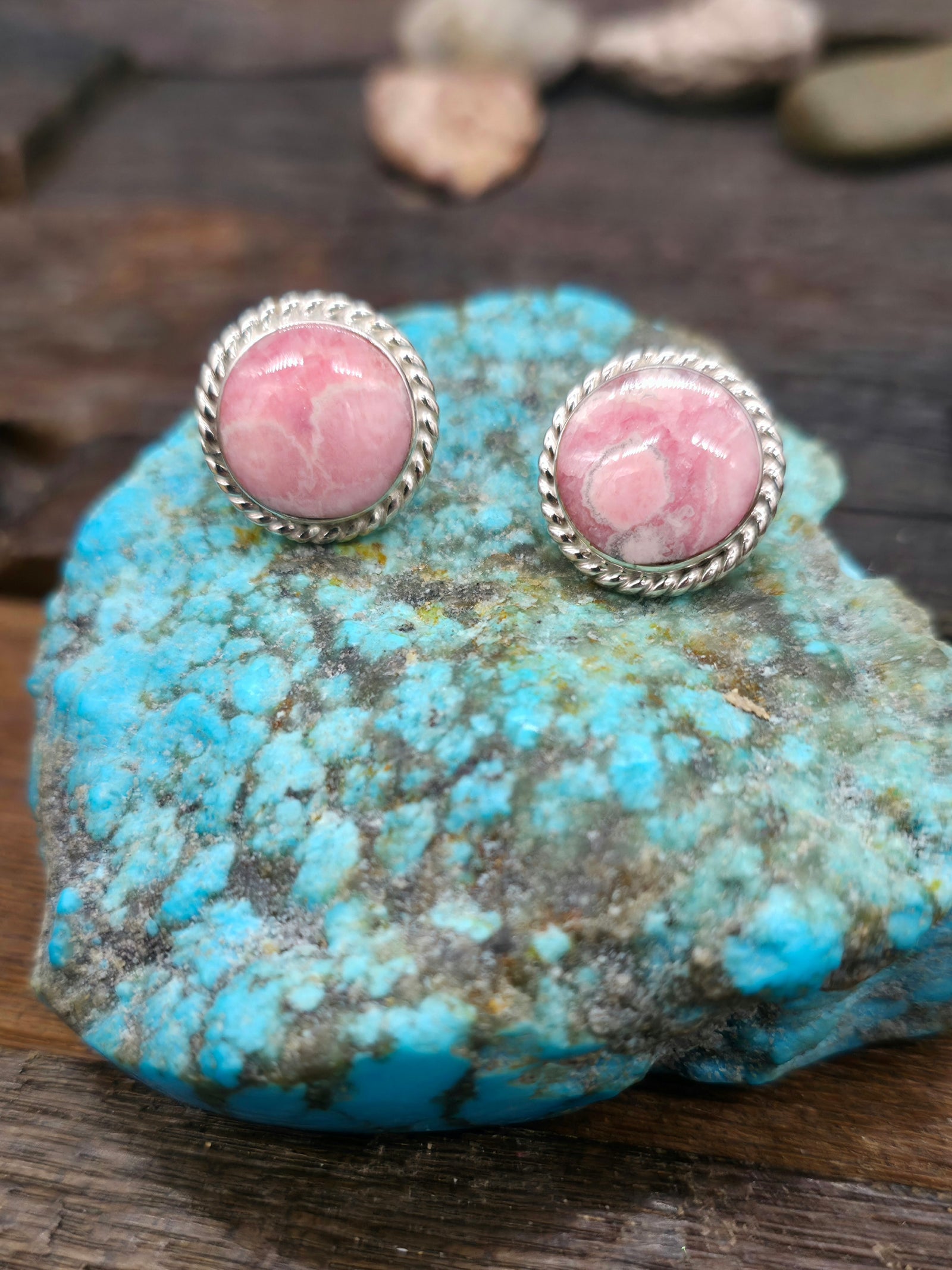 Round Sterling Silver Rhodochrosite Earrings by Nikoli Ashley