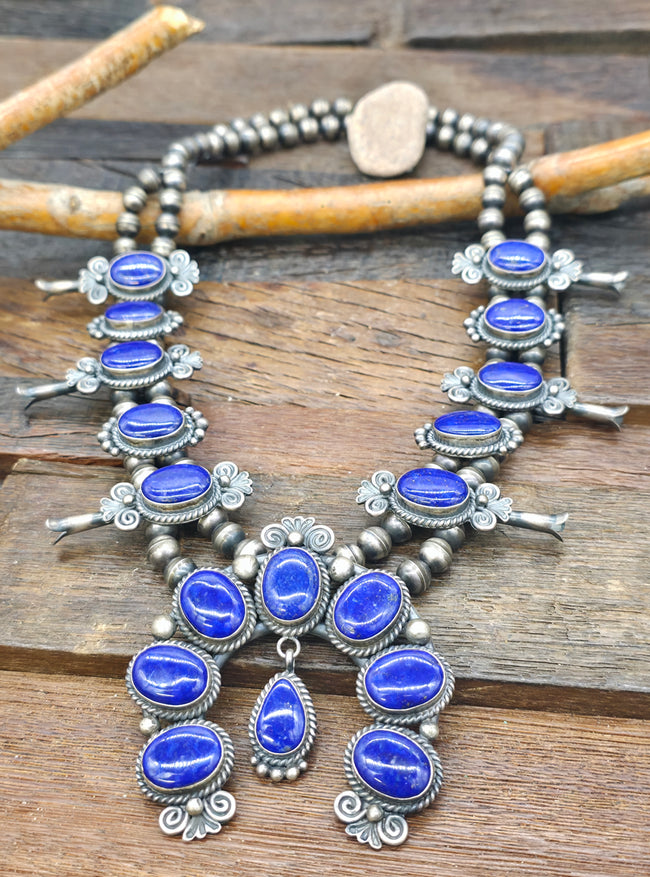 Lapis Lazuli Sterling Silver Squash Blossom Necklace by Mary Ann Spencer - 26 in.