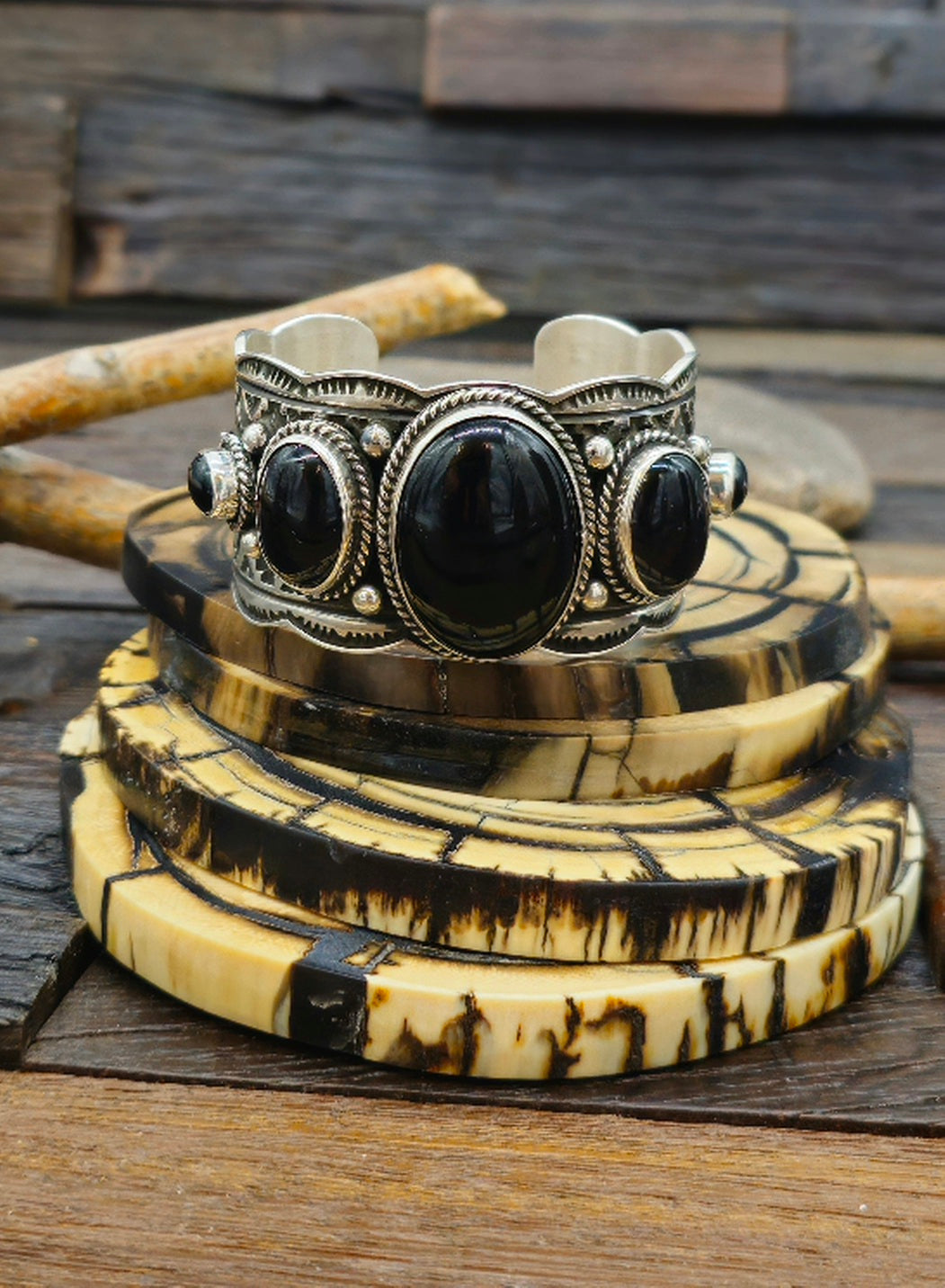 Five Stone Black Onyx Sterling Silver Cuff by Andy Cadman 6 in