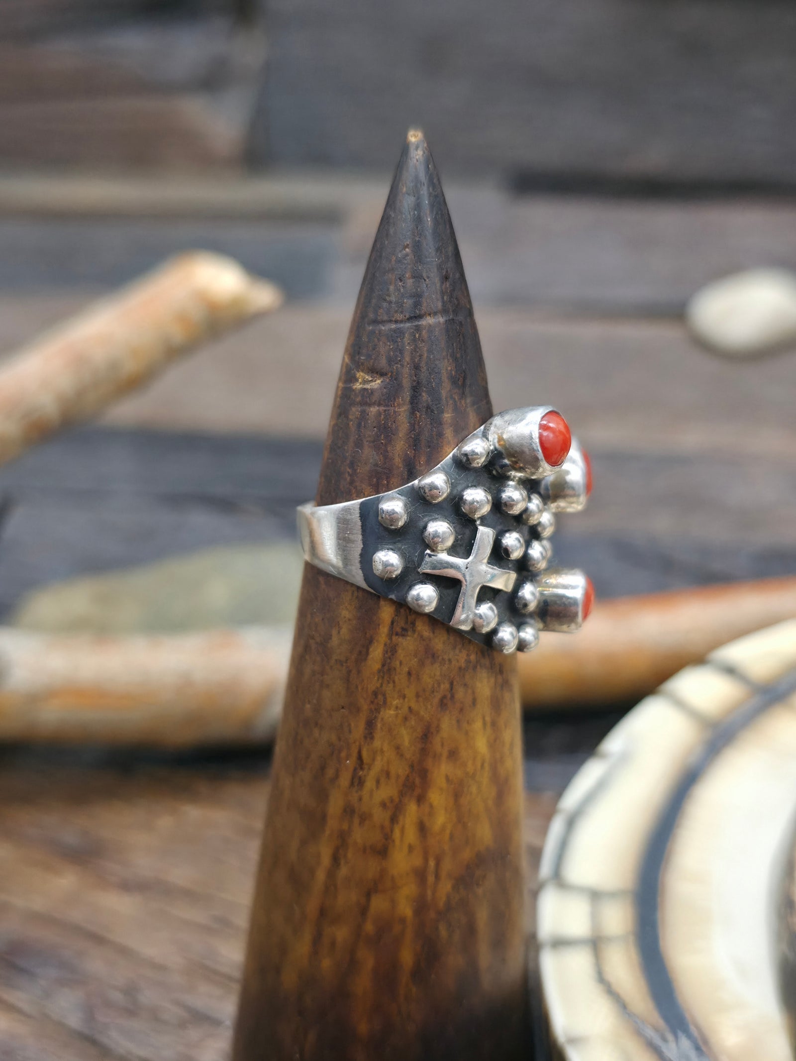 Sterling Silver Cross and Raindrop Coral Ring by Geneva Apachito - Size 9