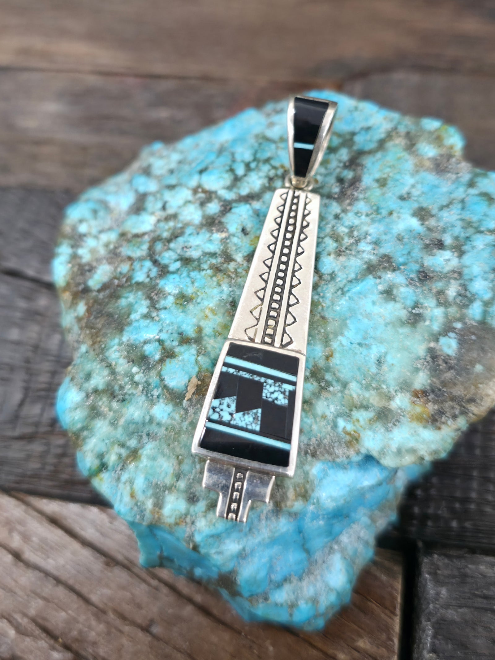 Sterling Silver Turquoise and Onyx Inlay Pendant - 2 1/2 in. by 1/2 in.