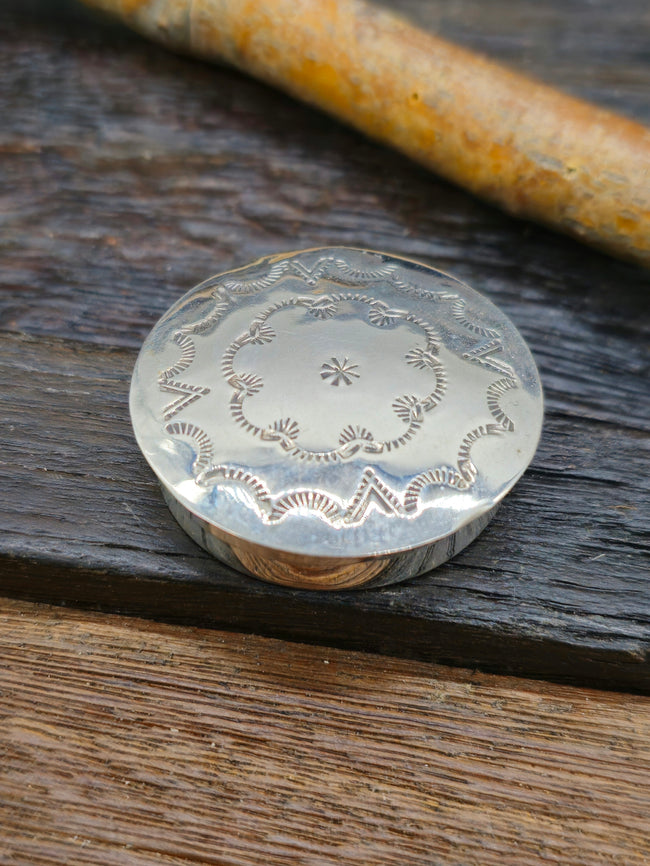 Stamped Sterling Silver Round Pill Case by Jeffrey Castillo