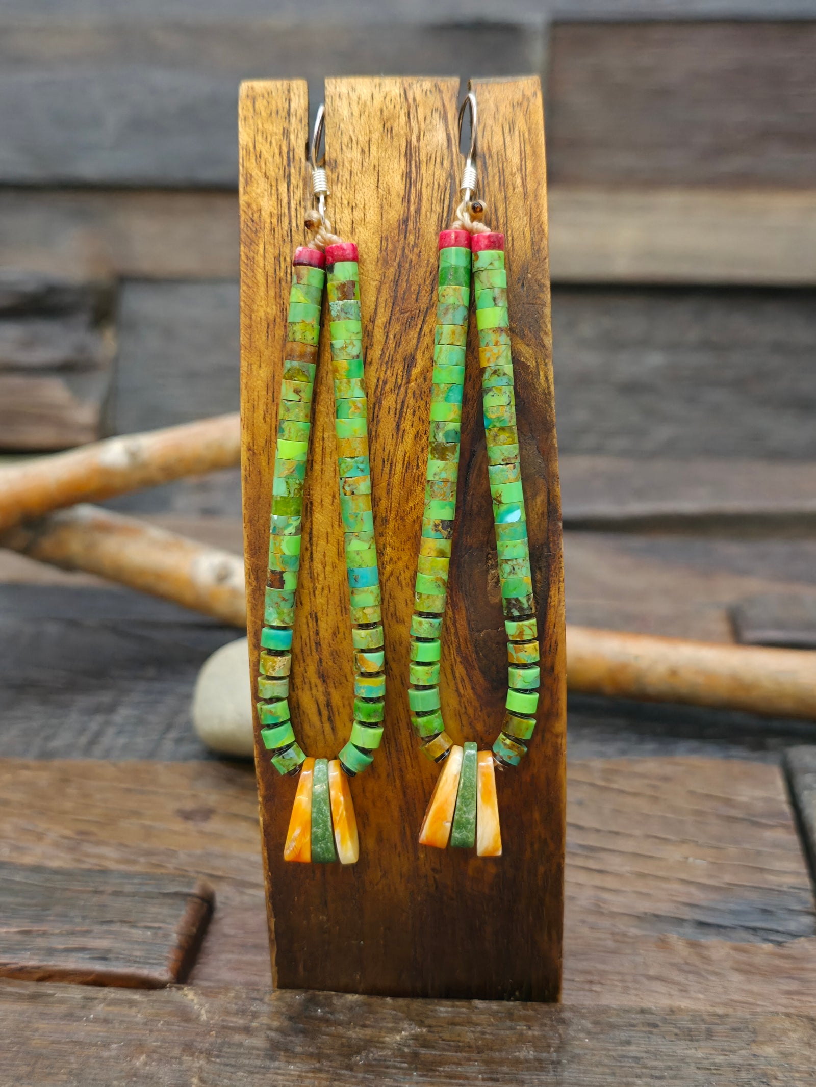 Green Turquoise Heishi and Orange Spiny Jacla Earrings by Robert Coriz - 4 in. by 3/4 in.