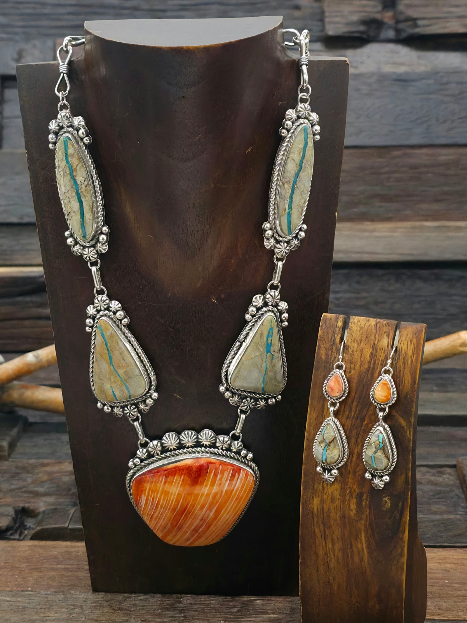 Sterling Silver Boulder Blue Gem Turquoise and Spiny Oyster Necklace and Earring set by Rosella Paxton - 20 in.