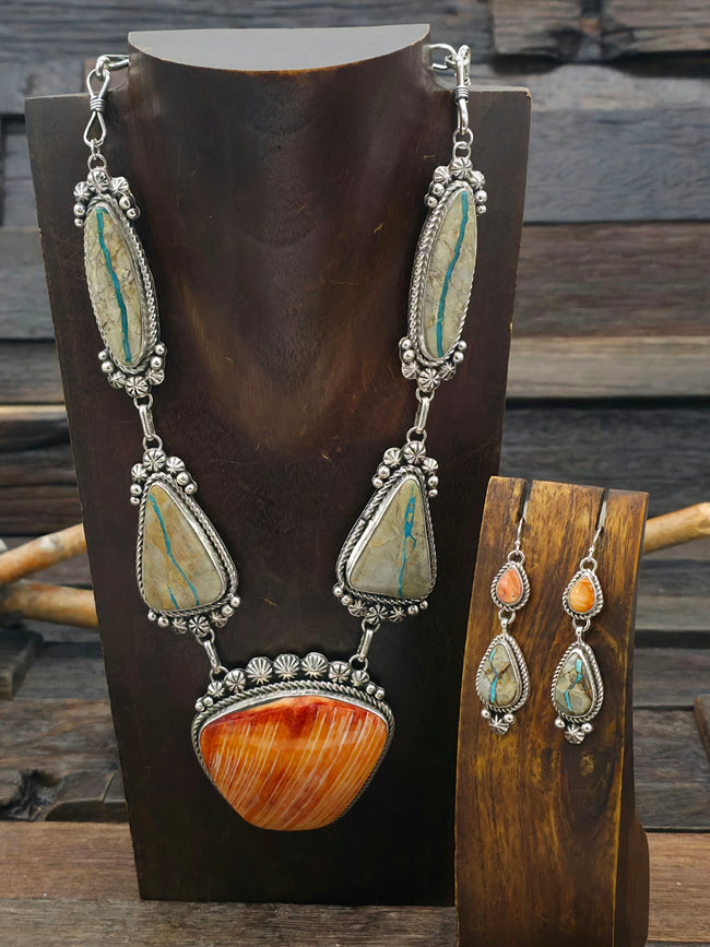 Sterling Silver Boulder Blue Gem Turquoise and Spiny Oyster Necklace and Earring set by Rosella Paxton - 20 in.