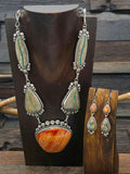 Sterling Silver Boulder Blue Gem Turquoise and Spiny Oyster Necklace and Earring set by Rosella Paxton - 20 in.