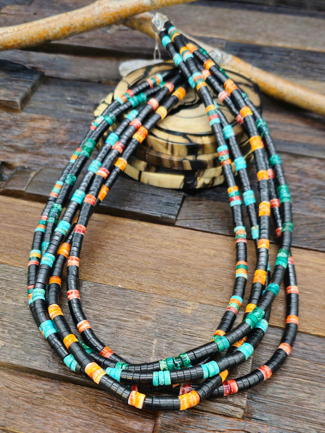 Five Strand Turquoise, Orange Spiny Oyster, and Jet Heishi Necklace by Fred Archuleta - 33 in