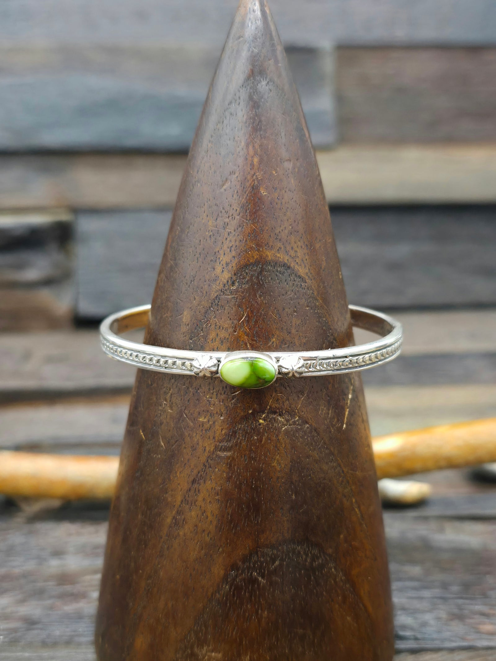 Single-Stone Green Turquoise Sterling Silver Cuff by June Delgarito - 6 1/2 in.