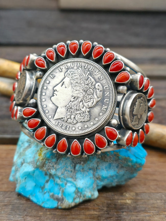 Liberty Dollar and Mercury Dime Coin Silver Cuff with Coral by Mark Yazzie - 6 3/4 in. w/Gap