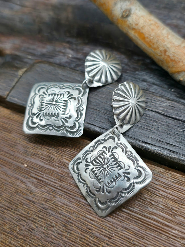 Sterling Silver Stamped Diamond Shape Earrings by Vincent Platero