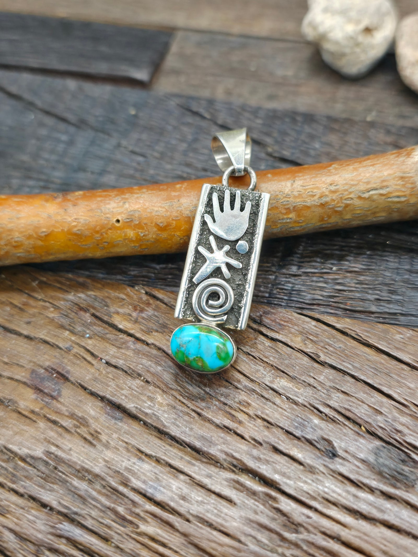 Sterling Silver & Sonoran Turquoise Petroglyph Pendant by Alex Sanchez - 2 in. by 1/2 in.