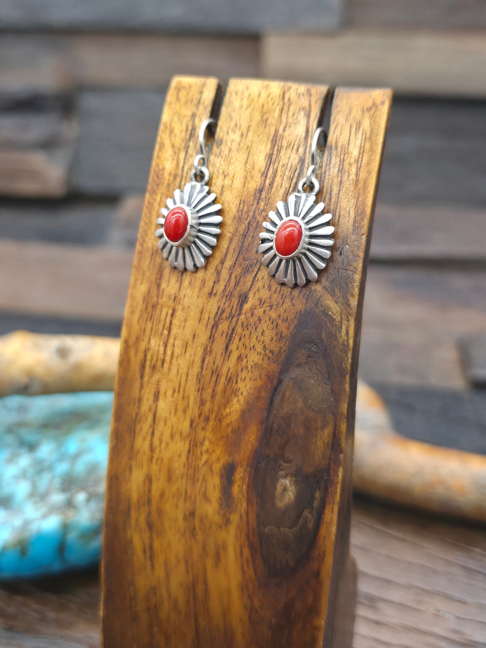 Stamped Sterling Silver Coral Earrings - 1 1/4 in. by 1/2 in.