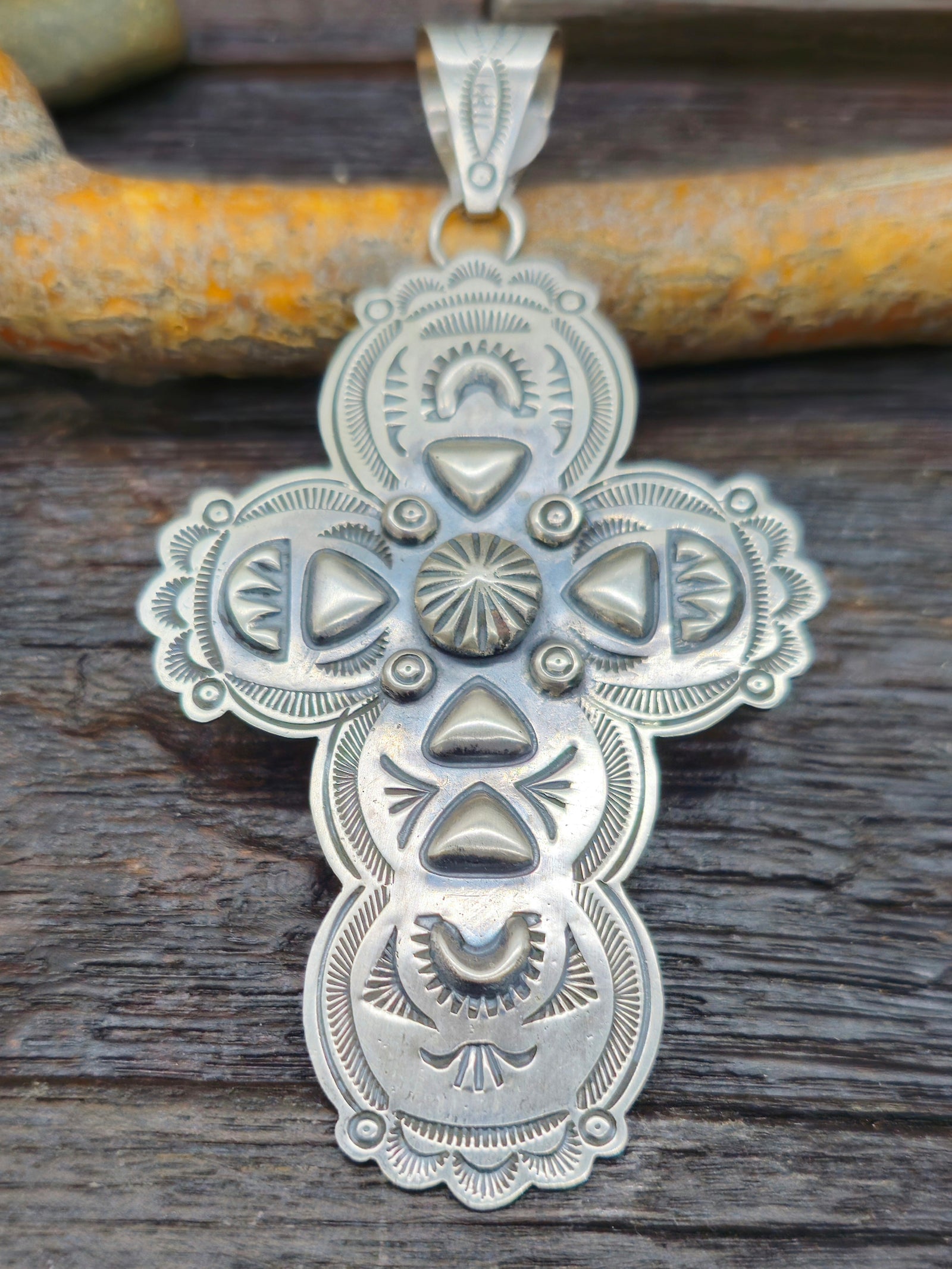 Stamped Sterling Silver Cross Pendant by Dean Sandoval - 4 by 2 in