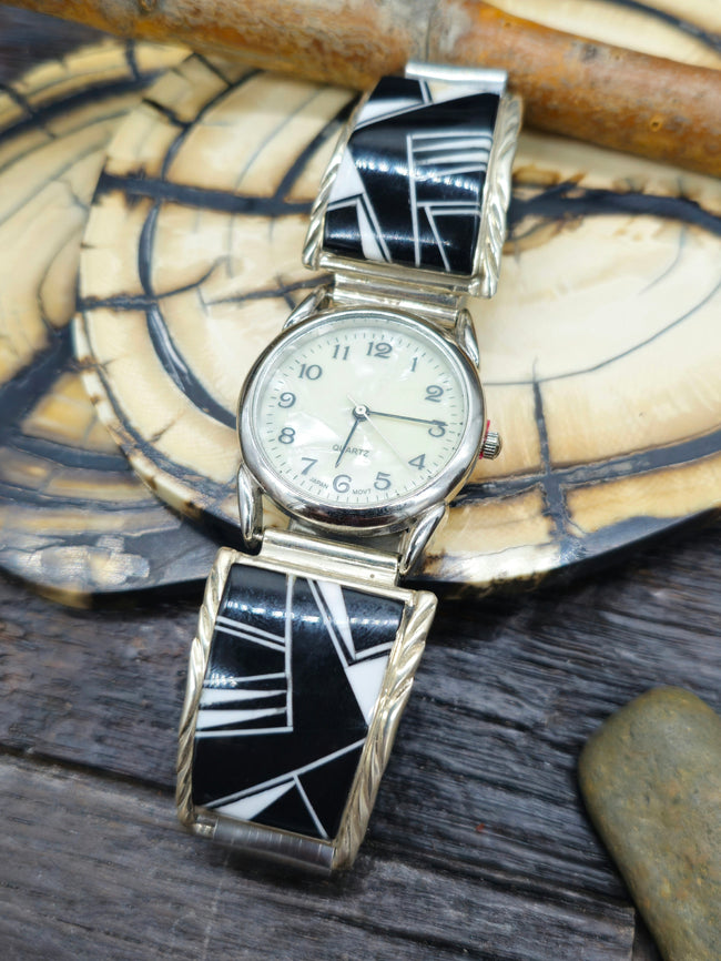 Onyx and White Buffalo Inlay Sterling Silver Watch