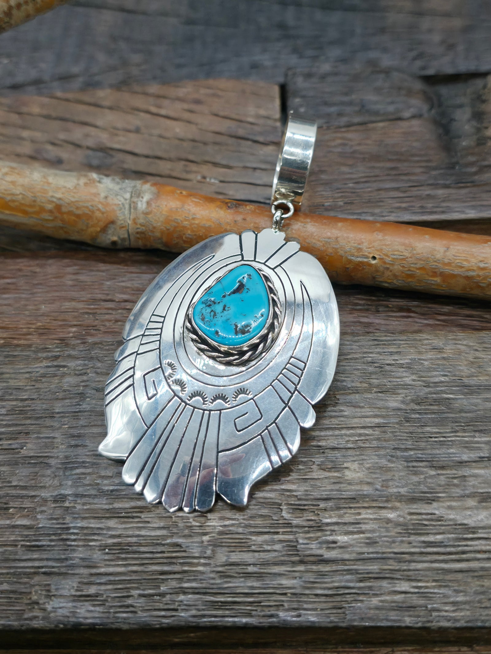 Large Sterling Silver Turquoise Pendant by Rose Singer - 3 1/2 in. by 1 3/4 in.