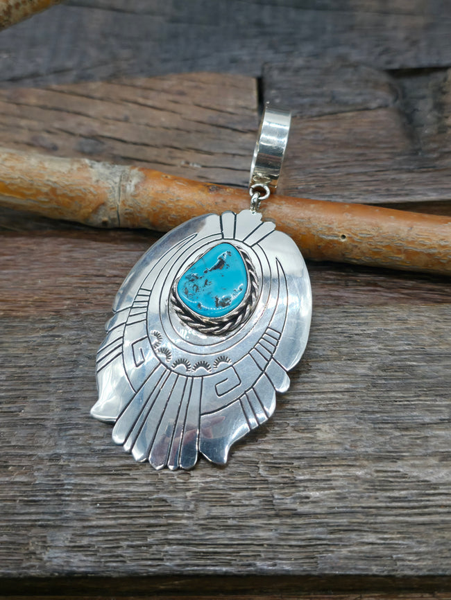 Large Sterling Silver Turquoise Pendant by Rose Singer - 3 1/2 in. by 1 3/4 in.