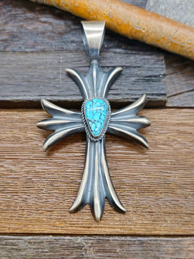 Turquoise Sterling Silver Cross Pendant by Harrison Bitsue