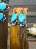 Sterling Silver Lapis, Sugilite, Coral, and Kingman Turquoise Lariat Necklace and Earring Set by Rosella Paxson - 27 in.