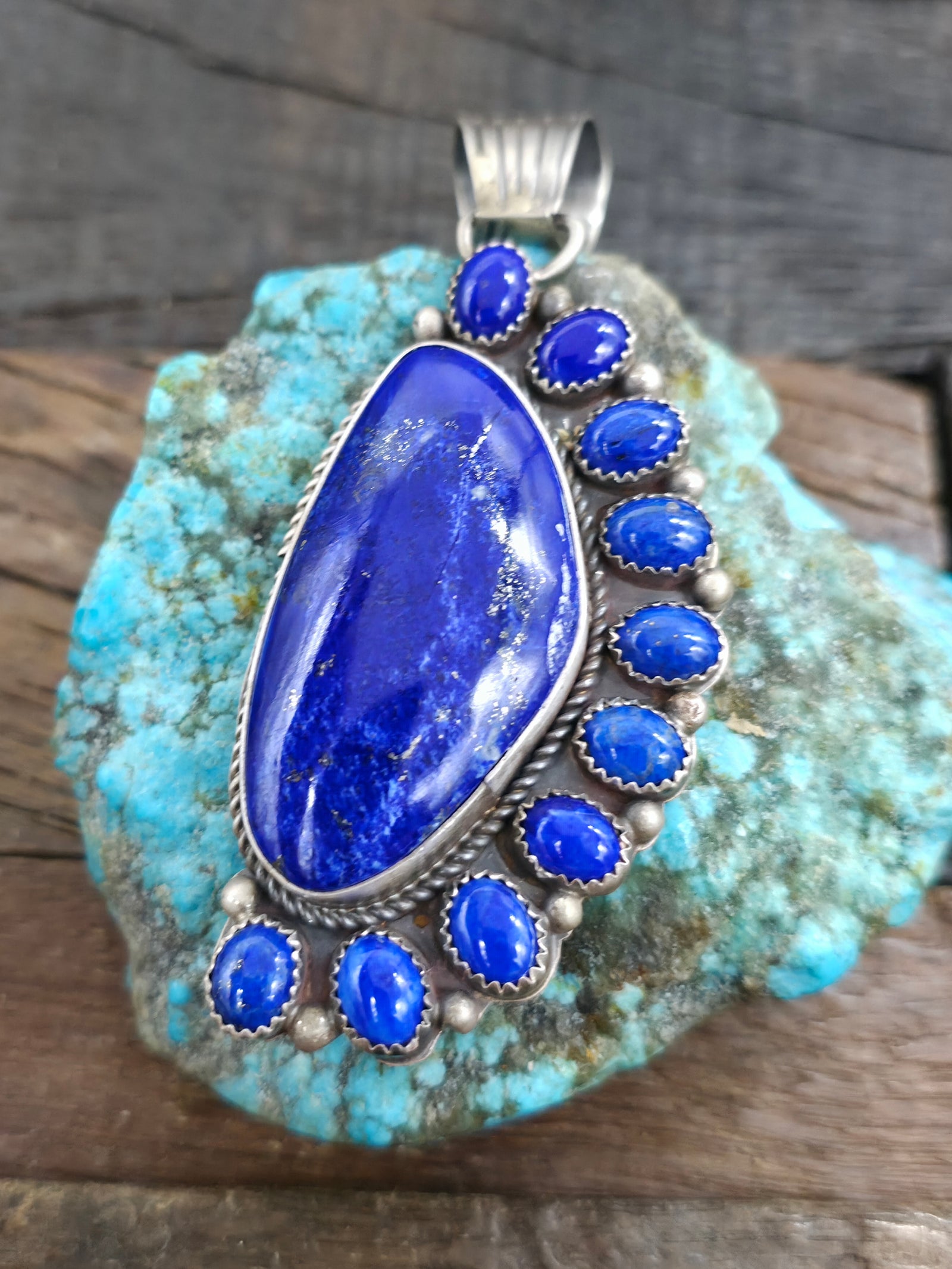Sterling Silver Lapis Lazuli Half Cluster Pendant by LaRose Ganadanegro - 3 1/2 in. by 1 1/2 in.