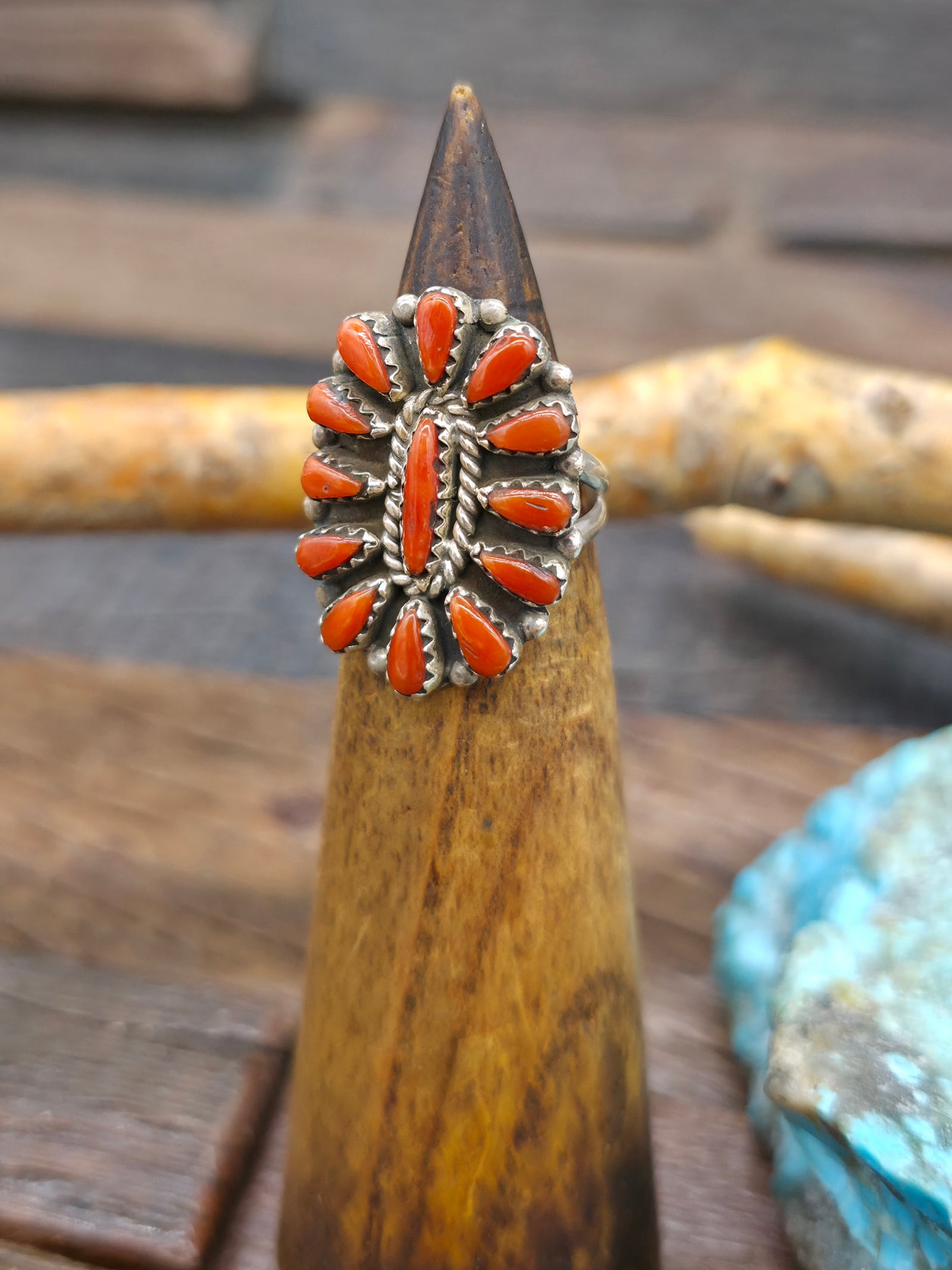Sterling Silver and Coral Cluster Ring - Size 6