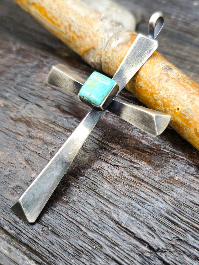 Oxidized Sterling Silver and Turquoise Cross Pendant by Ray Betsoi