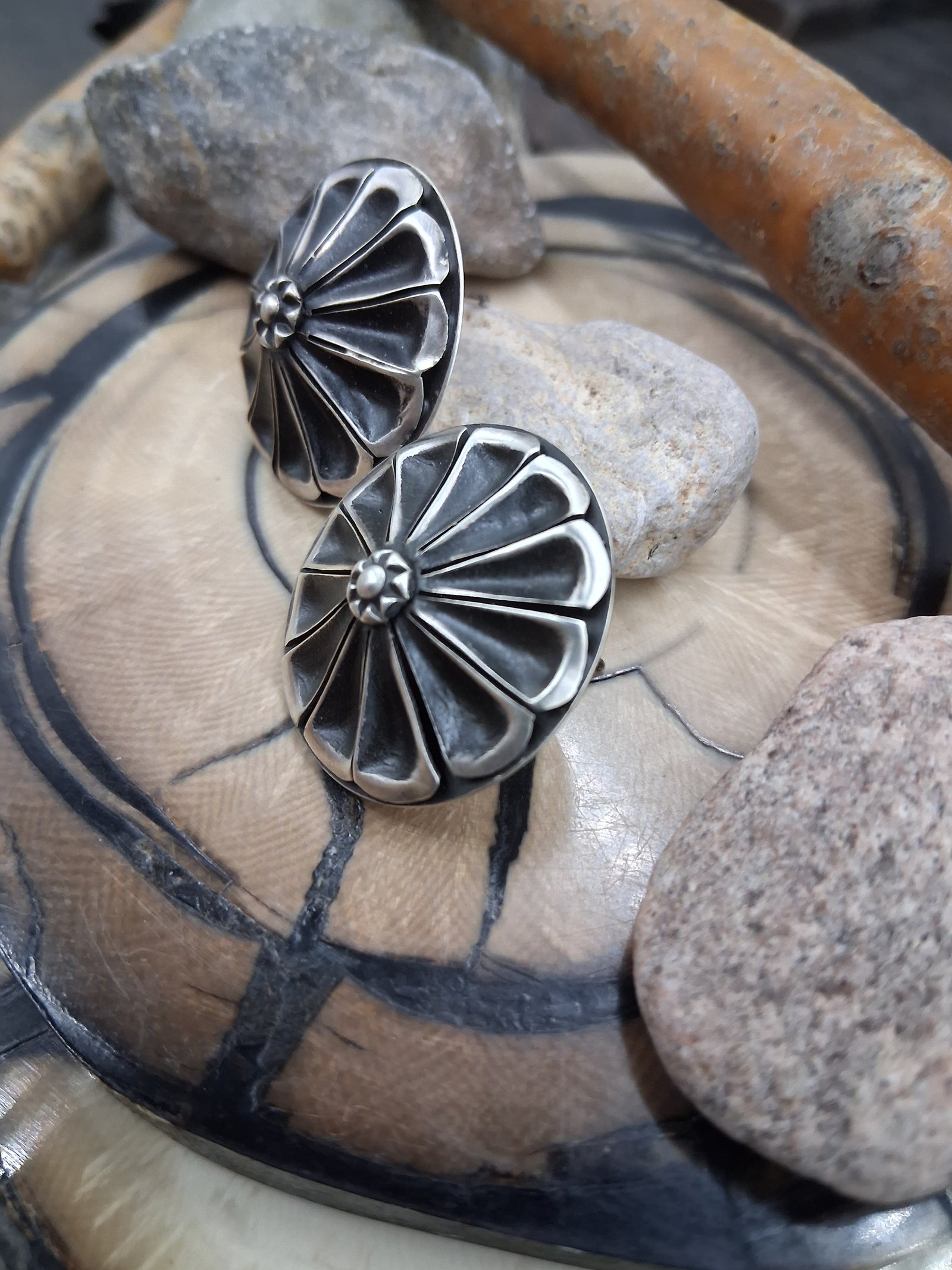 Sterling Silver Round Flower Earrings by Rhonda Largo