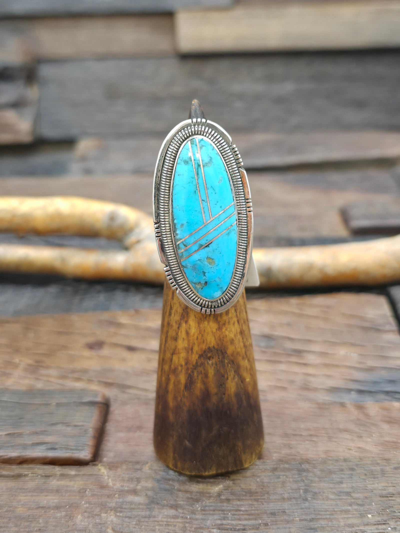 Large Sterling Silver Turquoise Inlay Statement Ring by Walter Vandever - Adjustable