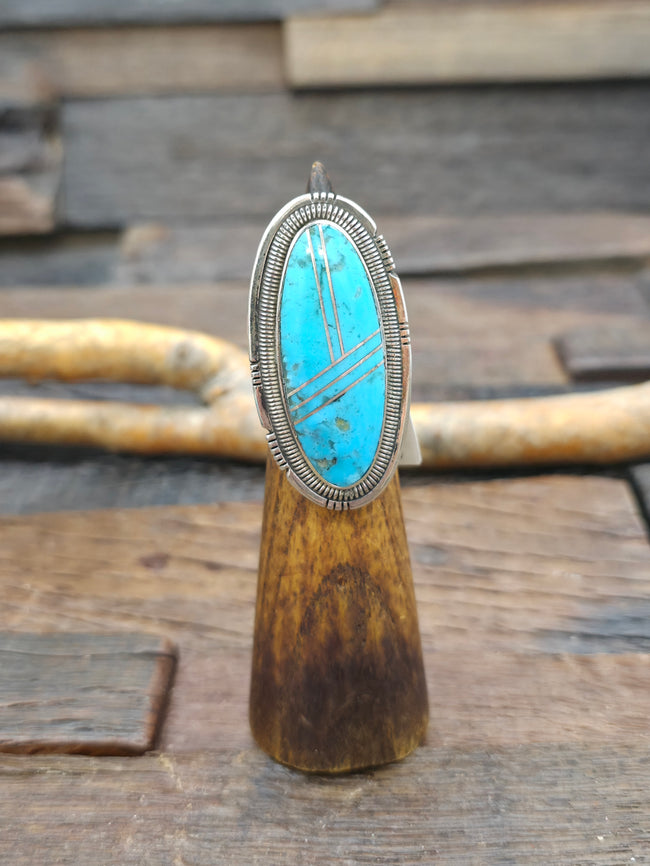Large Sterling Silver Turquoise Inlay Statement Ring by Walter Vandever - Adjustable