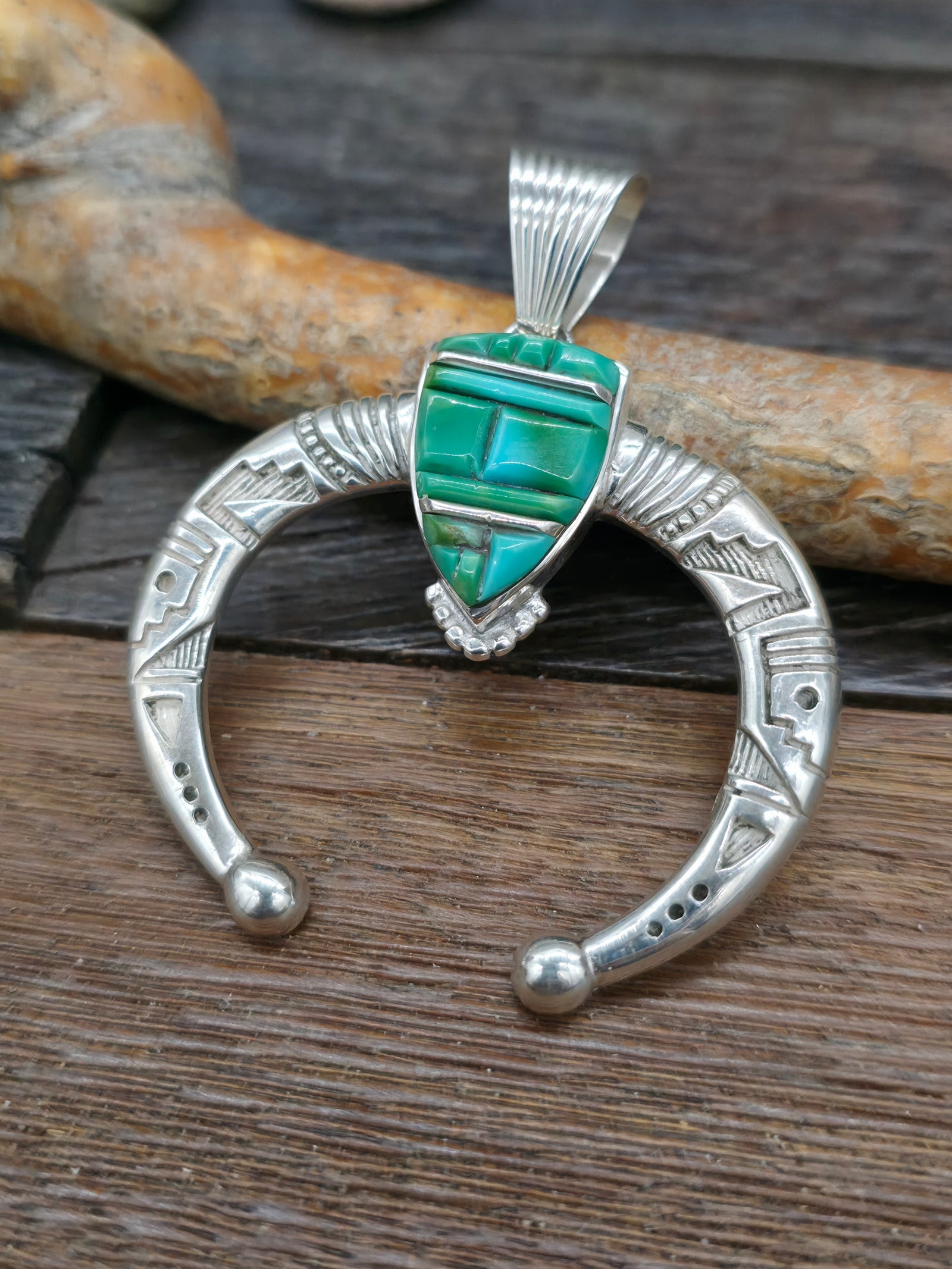 Sterling Silver Green Turquoise Cobblestone Inlay Naja Pendant
