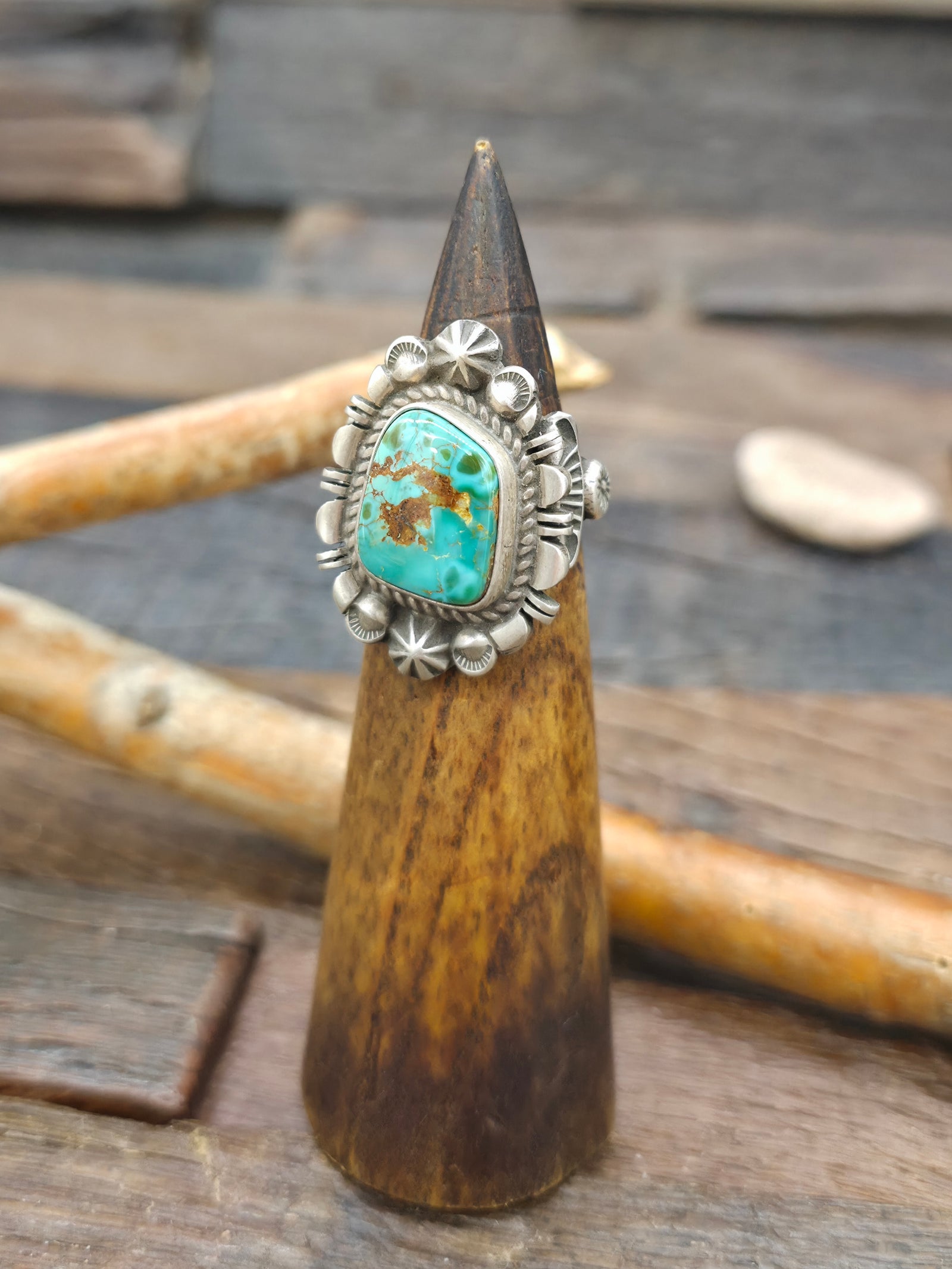 Stamped Sterling Silver Blue Gem Turquoise Ring by Dean Sandoval - Size 8