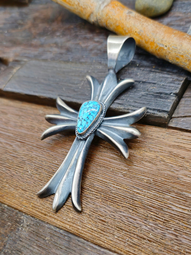 Turquoise Sterling Silver Cross Pendant by Harrison Bitsue