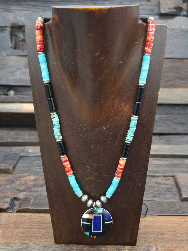 Turquoise Red Spiny and Onyx Necklace with Sterling Silver Beads and Mosaic Inlay Pendant - 22 in.